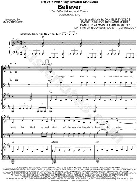 Top quality, printable imagine dragons sheet music to download instantly. Imagine Dragons "Believer" (arr. Mark A. Brymer) 3-Part Mixed Choir + Piano Choral Sheet Music ...