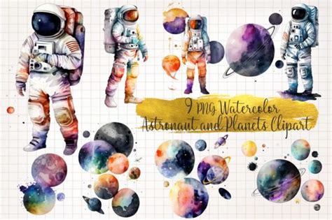 Astronaut And Planets Watercolor Clipart Graphic By Watercolorarch