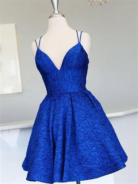 V Neck Short Backless Blue Lace Prom Dresses Open Back Short Blue Lac Shegown