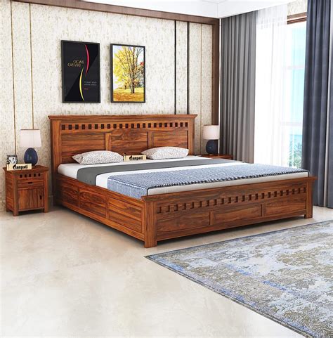 Ganpati Arts Sheesham Wood Armania King Size Bed With Box Storage For Bedroom Furniture Solid