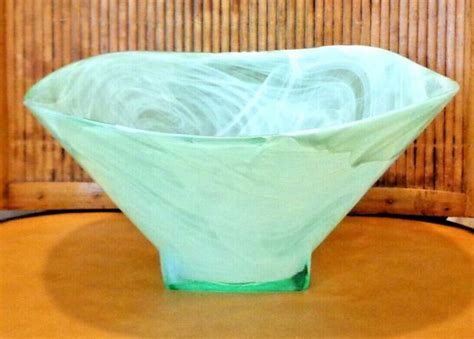 Cased Art Glass Bowl Green And White Swirls Heavy Ebay