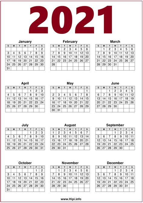 Printable 2021 Calendar One Page