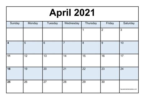 Blank April 2021 Calendar Template Monthly Planner Example Calendar