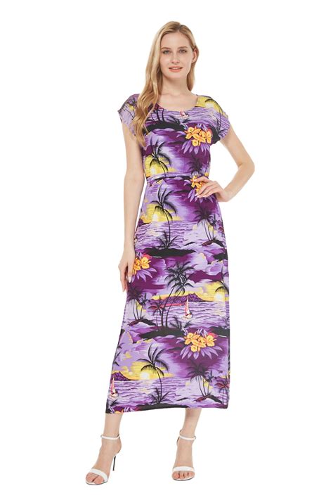 Womens Hawaiian Luau Cap Sleeve Maxi Simple Dress In Sunset