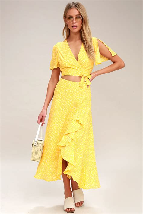 Cute Yellow Two Piece Dress Polka Dot Dress Maxi Dress Lulus
