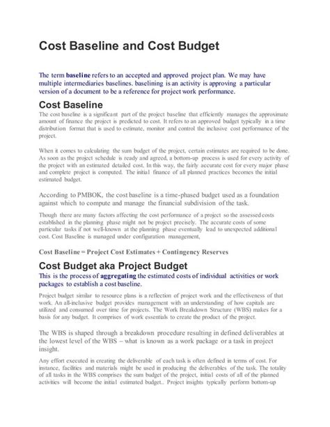 Cost Baseline And Cost Budget