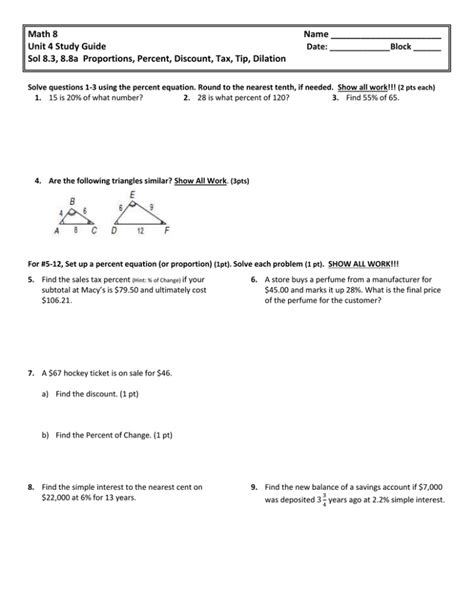 Math 8 Name Unit 4 Study Guide