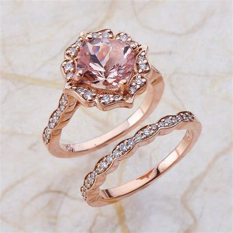 Vintage Bridal Set Morganite Engagement Ring And Scalloped Diamond