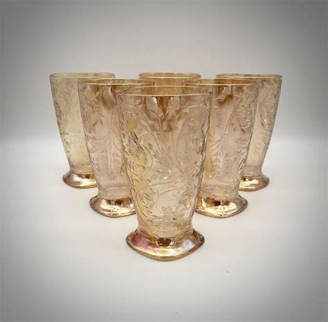 Jeanette Glass Company Floragold Or Louisa Iridescent 10 Oz Footed Tumblers Set Of 6 Glass