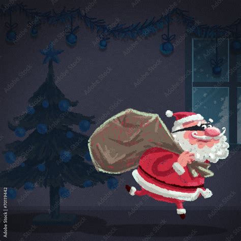 Cartoon Santa Claus Thief Is Stealing A House At Christmas Stock