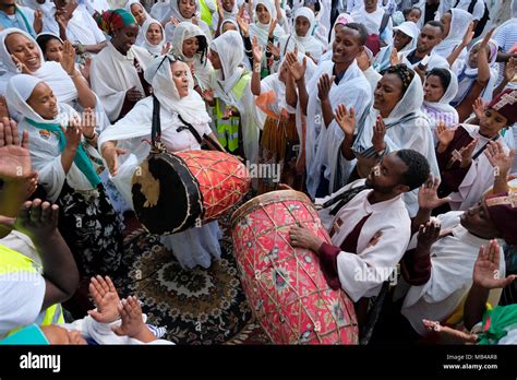 Ethiopian Orthodox Christian Pilgrims Play The Kebero A Double Headed