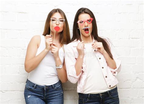 Two Stylish Hipster Girls Best Friends Ready For Party Stock Image Image Of Playful Mustache