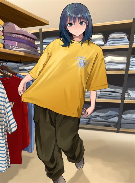 Safebooru 1girl Absurdres Baggy Pants Blue Hair Clothes Clothes Shop Commentary Contrapposto