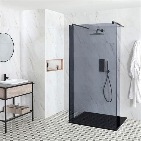 Milano Nero Luna Smoked Glass Floating Walk In Shower Enclosure With Slate Tray Choice Of