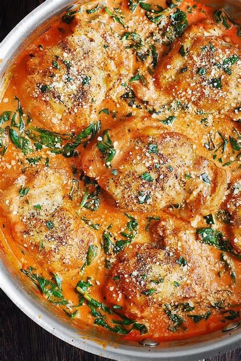 On the bone with the skin on; Skinless Boneless Chicken Thighs with Creamy Tomato Basil ...