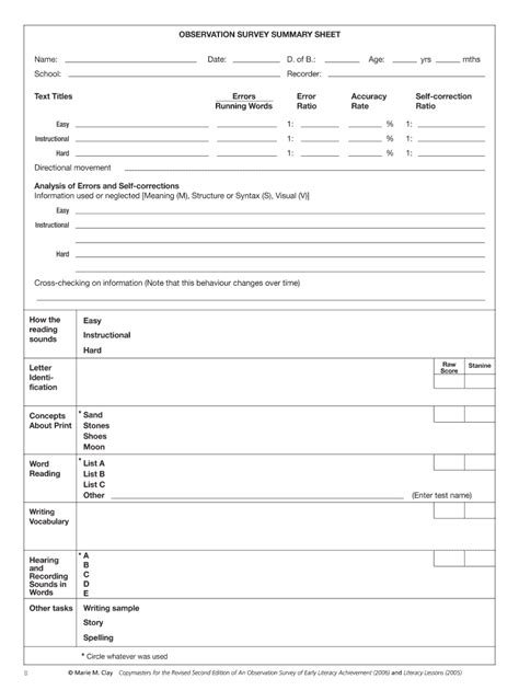 Marie Clay Observation Survey Forms Pdf Fill Out And Sign Online Dochub