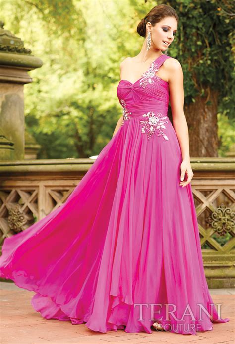 Fuchsia A Line One Shoulder Floor Length Pleated Evening Dresses With