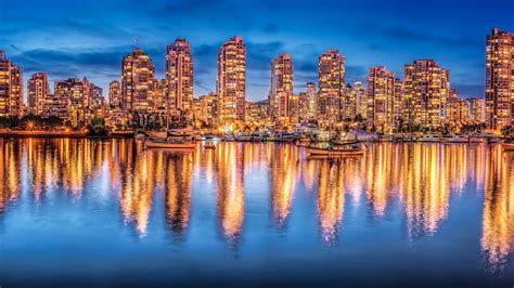 Vancouver Kanada Nacht Stadt Lichter Gebäude Yachten Wasser