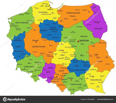 Kolorowa Mapa Polityczna Polski Wyraźnie Zaznaczonymi Wydzielonymi