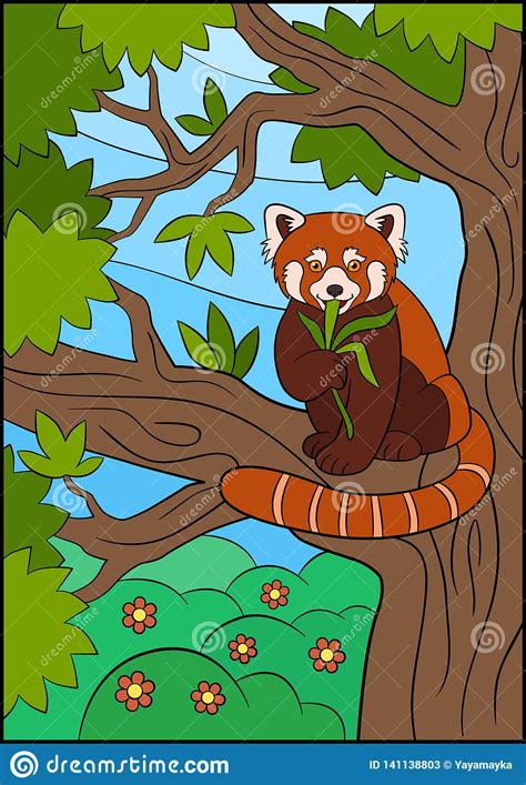 Cartoon Wild Animals Little Cute Red Panda Eat Leaves Stock Vector