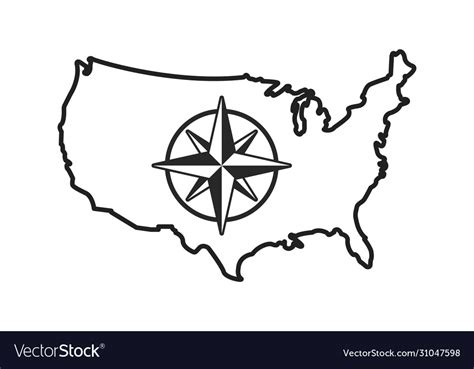 Usa Country Linear Map With Isolated Compass Vector Image