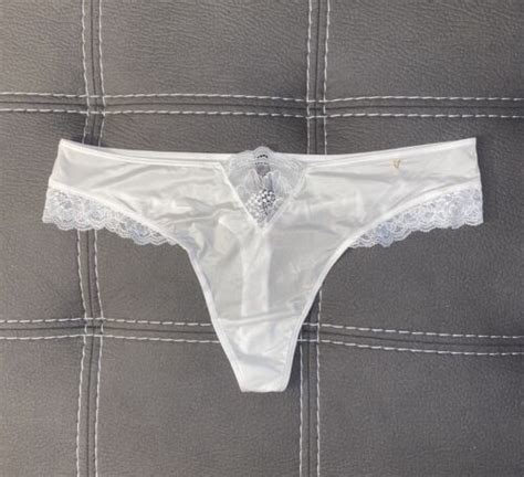 New Victoria Secret Panties Thong Medium Satin White Stretchy Shiny
