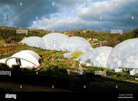 The Eden Project Biomes And A Rainbow Cornwall Stock Photo Alamy