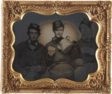 ca 1860 s [tintype portrait of three federal soldiers enjoying hardtack and coffee] via