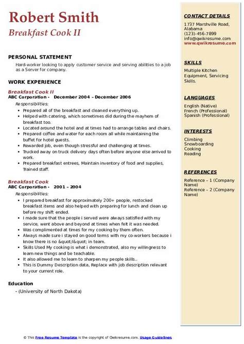 Fillable simple resume format doc. Breakfast Cook Resume Samples | QwikResume