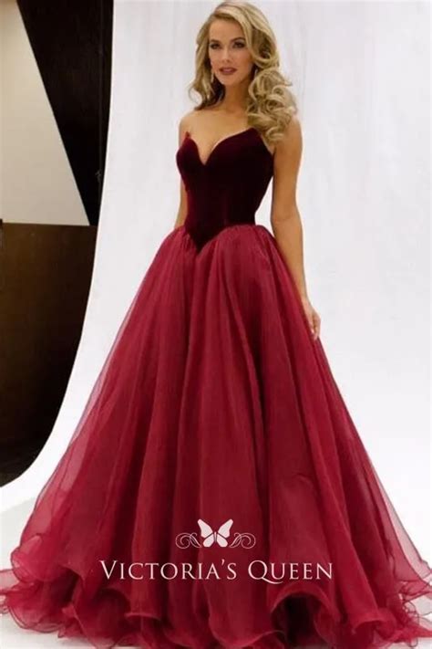 Burgundy Velvet And Tulle V Neck Long Prom Ball Gown Vq