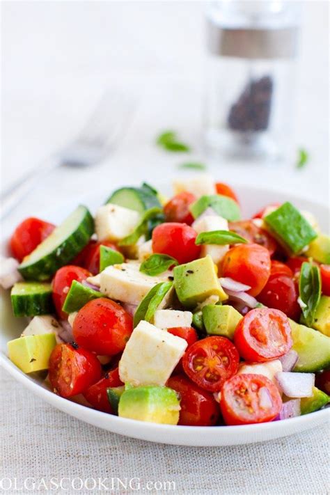 Made with a simple, fresh cilantro lime dressing, this cucumber. Tomato, Cucumber, Mozzarella and Avocado Salad - Olgas ...