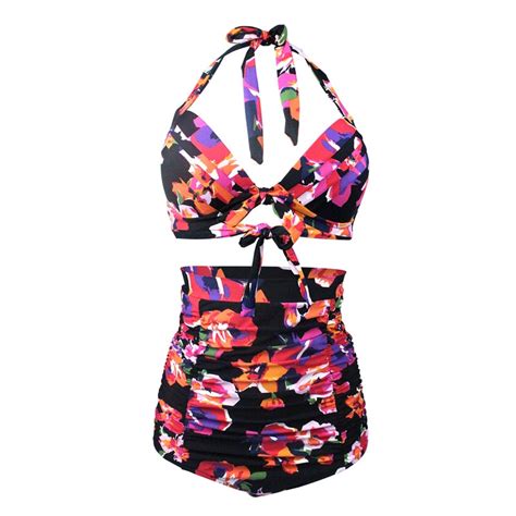 New Us Size Plus Size 50s Retro Halter Bikinis Set Floral Print
