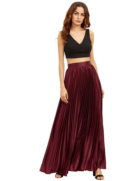 Shop Burgundy Zipper Side Pleated Flare Maxi Skirt Online Shein Offers