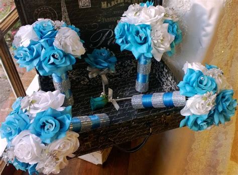 Black and white wedding, black tie wedding ideas, new year's eve wedding. 17 Piece Malibu Blue White Silver Wedding Flower Set Bridal