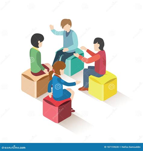 Isometric Group Of People Sitting On Stools Vector Illustration