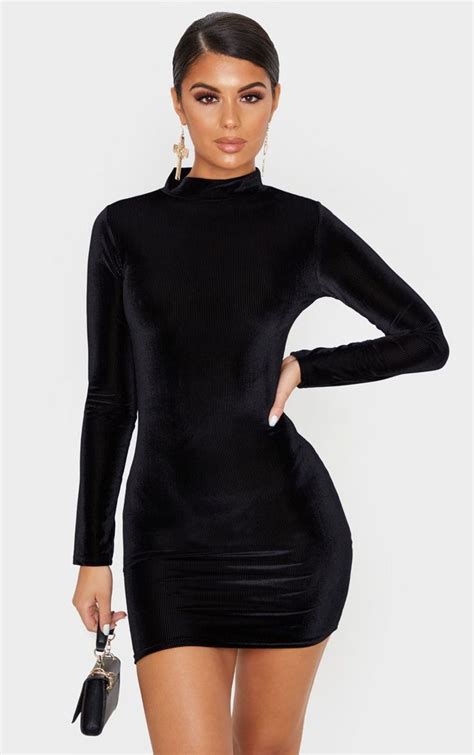 Black Velvet Rib Long Sleeve High Neck Bodycon Dress High Neck Bodycon Dress Bodycon Dress