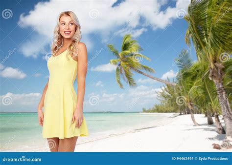 Happy Young Woman Over Exotic Tropical Beach Stock Image Image Of