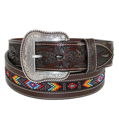 Mens Hand Tooled Leather With Beaded Center Western Belt