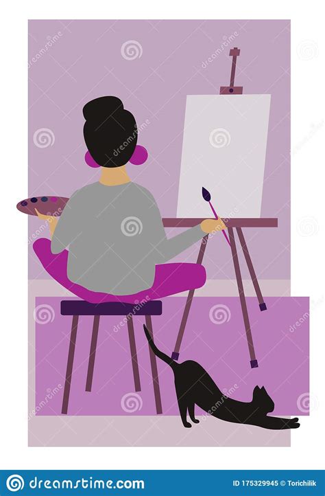 Vector Flat Illustration. Young Talented Woman Artist Painting On Canvas At Home With Black Cat ...