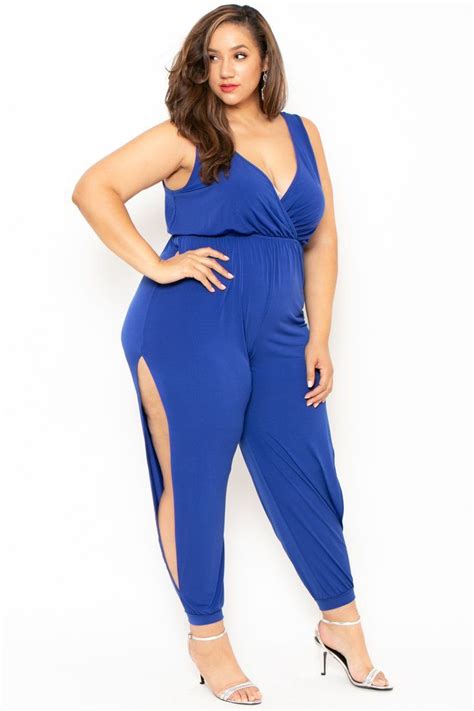 this plus size stretch knit jumpsuit features a sleeveless design a v neckline with a cross