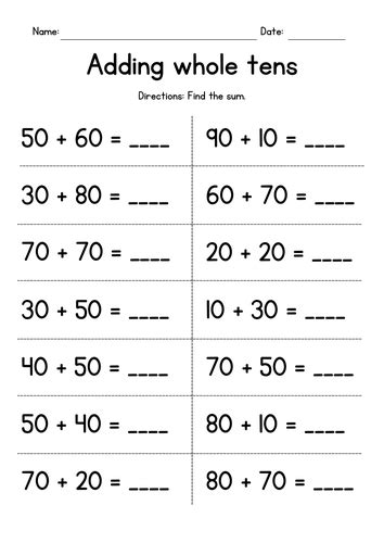 Adding Whole Tens Addition Worksheets Teaching Resources