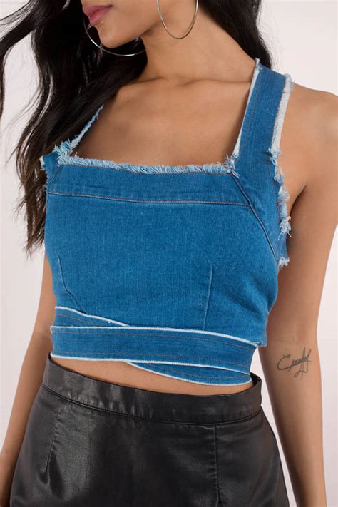 Besides good quality brands, you'll also find plenty of discounts when you shop for croptop women during big sales. Trendy Denim Top - Cross Back Crop Top - Frayed Denim Top ...