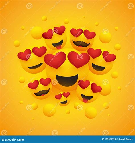 Various Smiling Happy Emoticons With Heart Shaped Eyes In Front Of A