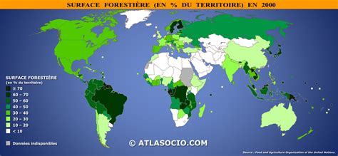 Carte du monde : Surface forestière (en % du territoire ...