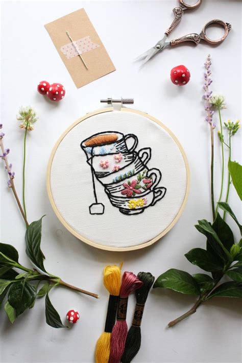 Teacup Hand Embroidery Pattern Pdf Cozy Cottagecore Etsy Stamped