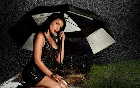 1920x1200 Lipstick Dress Model Rain Umbrella Grass Woman Girl