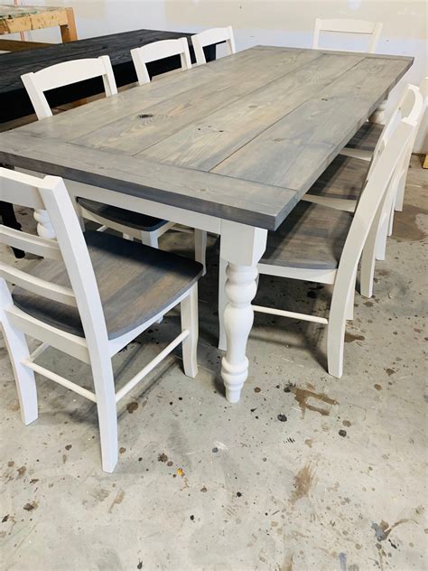 7ft Rustic Farmhouse Table With Turned Legs Chair Set Classic Gray Top
