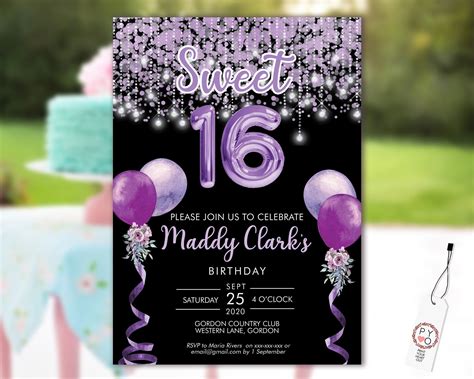 Sweet 16 Party Invitation Printable Template Black Editable Invitation 16th Birthday Purple