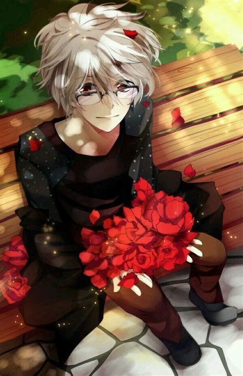 White Hair Anime Boy With Glasses Sitting In Park With