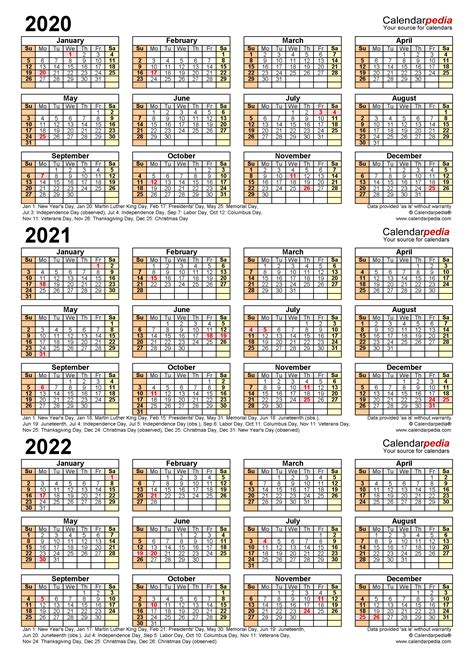 3 Year Calendar 2020 To 2022 Free Letter Templates